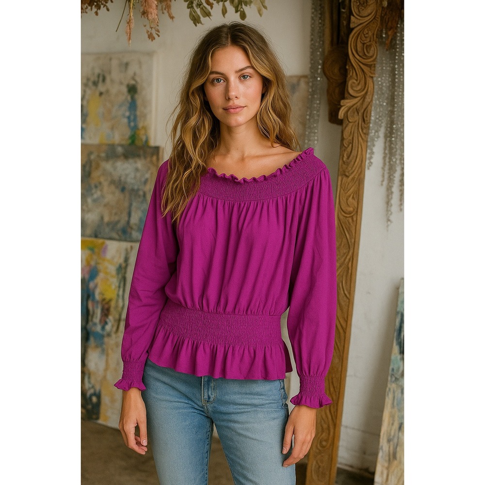 Ralph Lauren Black Label Top Womens Medium Purple Cropped Smocked Trim Stretch